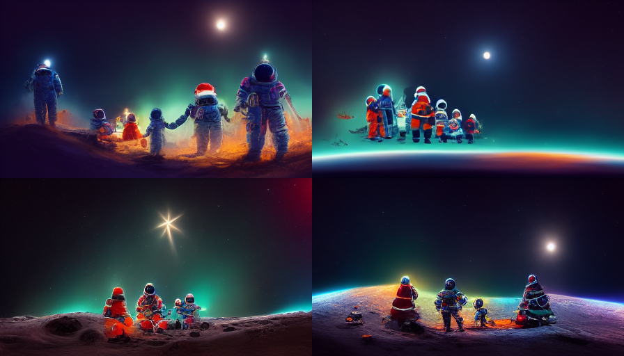 astronaut family on lunar surface with christmas tree, stars and planet earth in the background dark sky, dark light, colorful