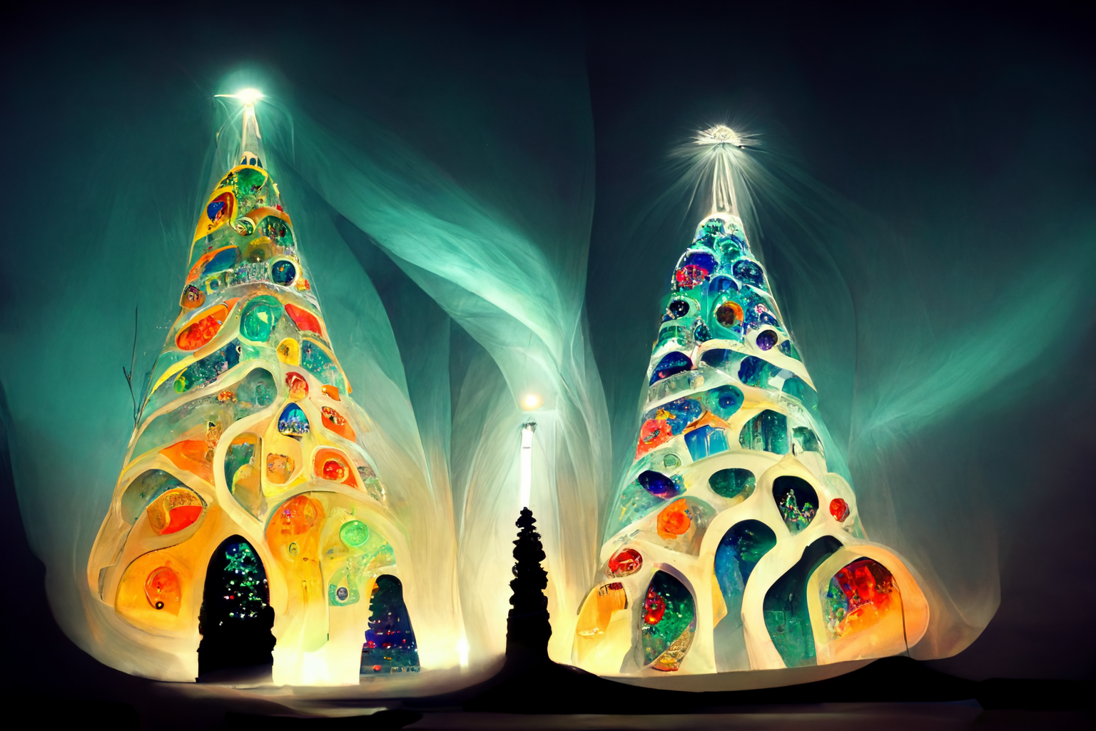 christmas tree within polar lights, creative drawing, futuristic, gaudi style