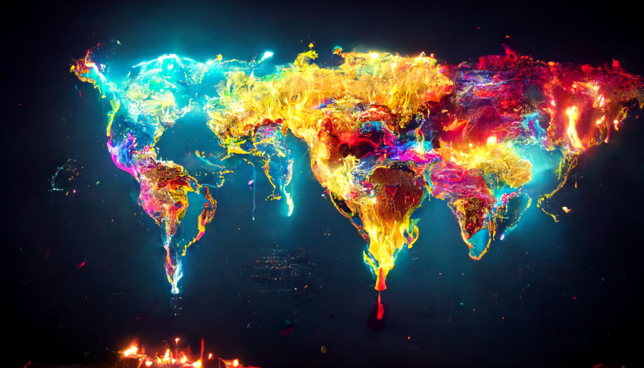 continents on a colorful world map burning with young boy crying in front of it, cinematic, neon-lights, highly detailed, dramatic lighting