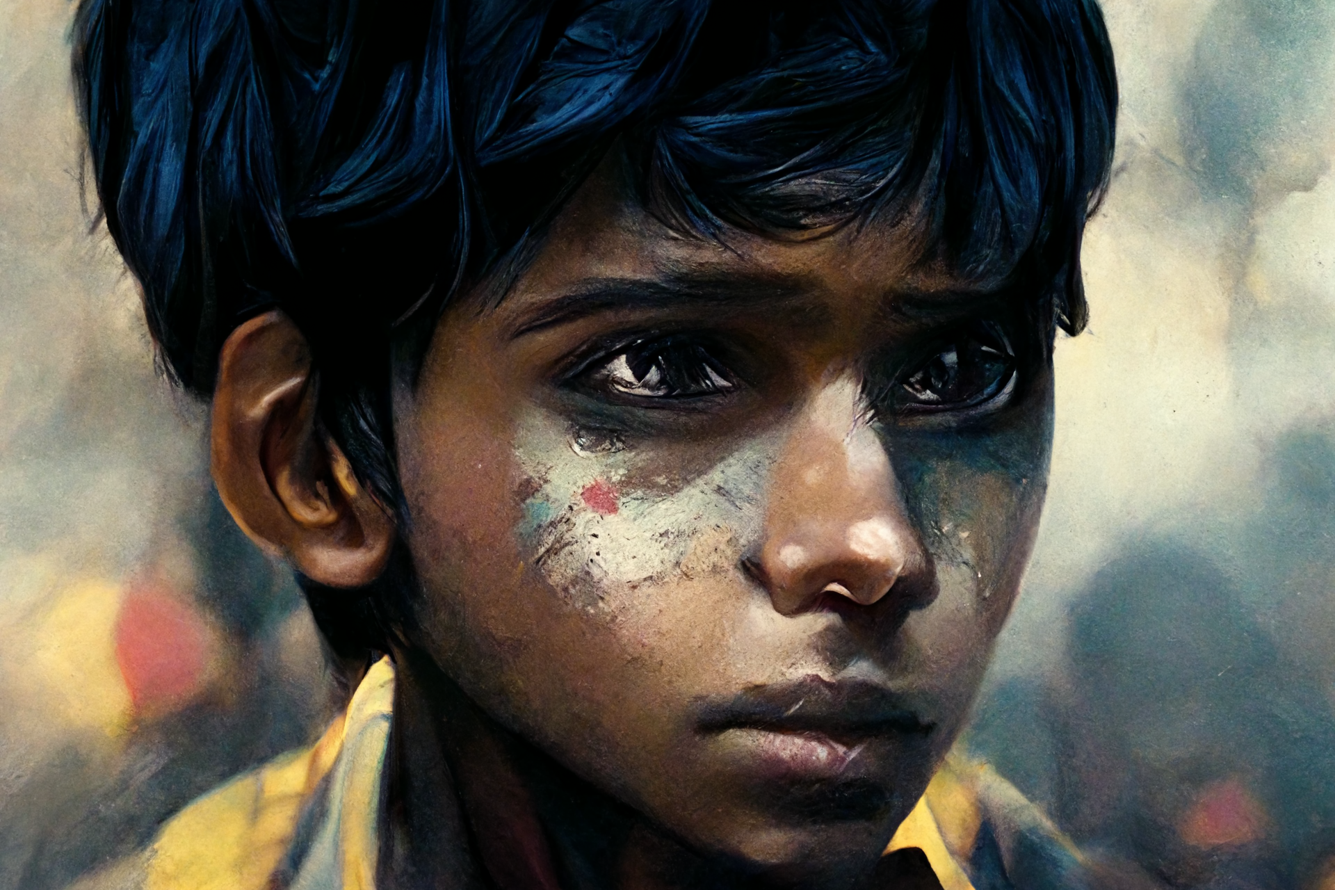 young sad boy in child labour in india, super realistic, hyper contrast
