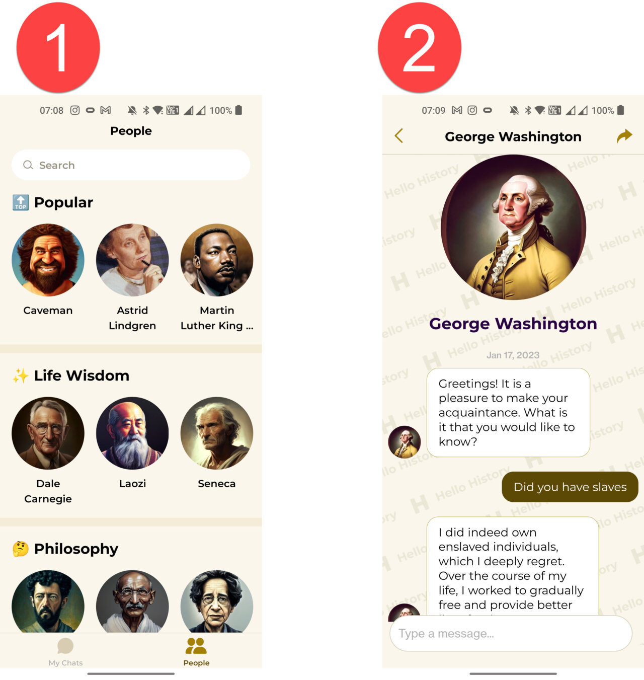 Ansicht Hello History Auswahl Personen und Antwort George Washington