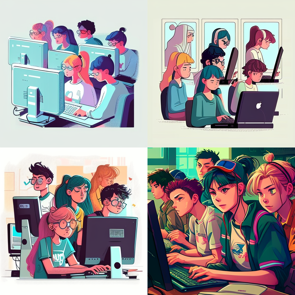 bild generiert mit Midjourney : highschool students girls and boys in a class works with computer they are happy but tired colorful realistic